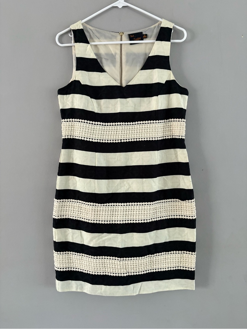 Just...Taylor Black and White Striped Crochet-Trim Sheath Dress